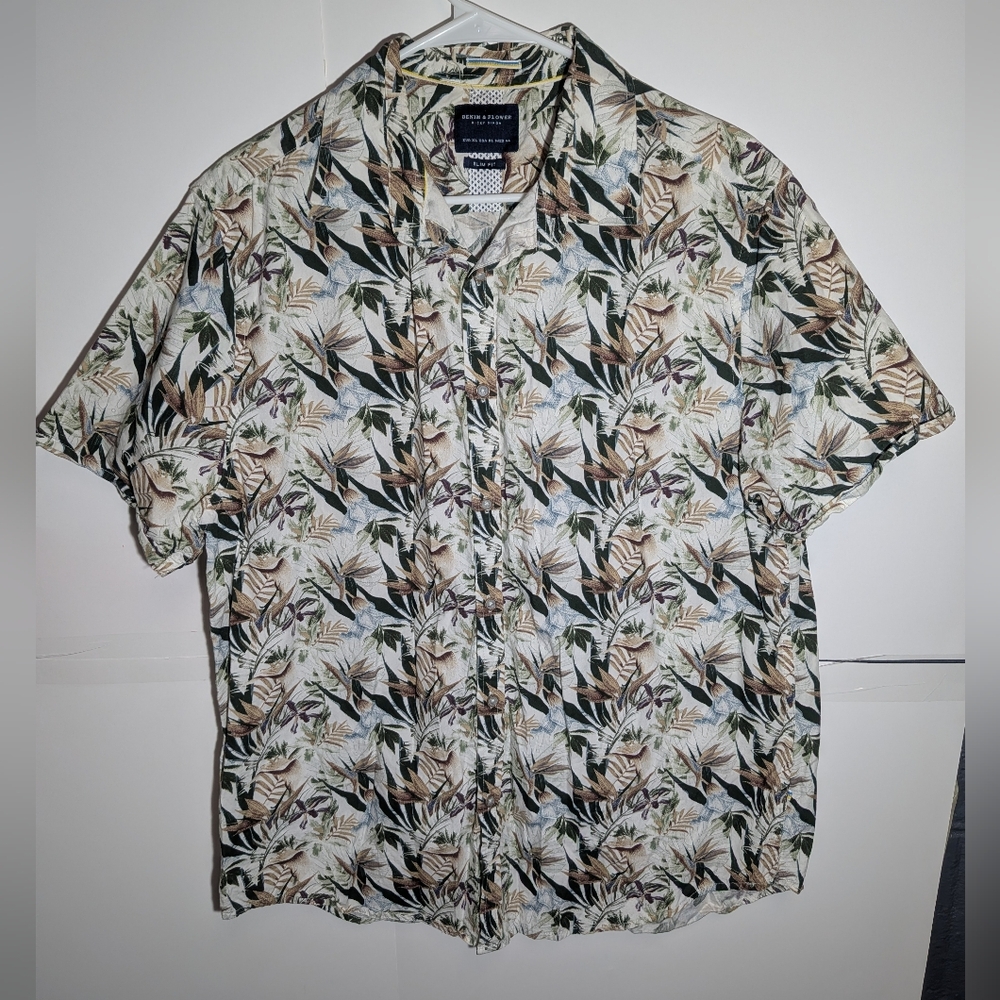 Denim & Flower short-sleeve button-up shirt designed by Ricky Singh. Size XL
